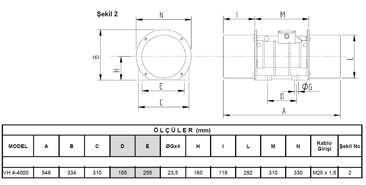 Miksan VH 4-4000 vibrasyon motoru ölçüleri