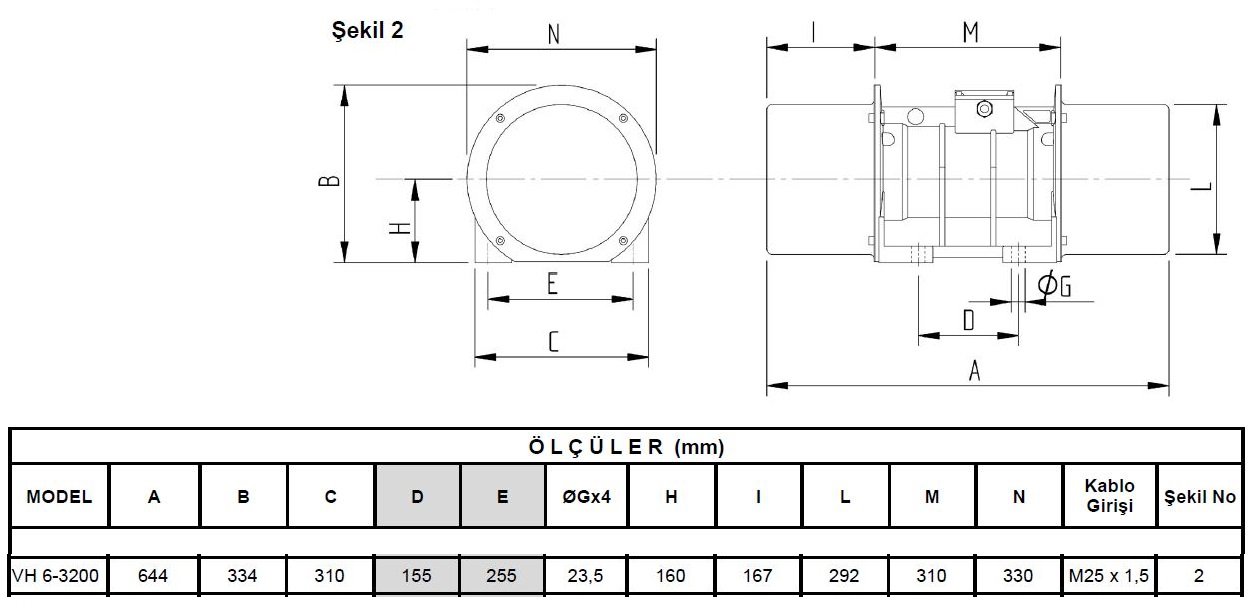 Miksan VH 6-3200 vibrasyon motoru ölçüleri