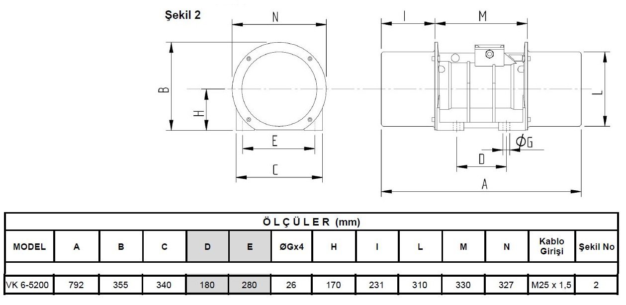 Miksan VK 6-5200 vibrasyon motoru ölçüleri