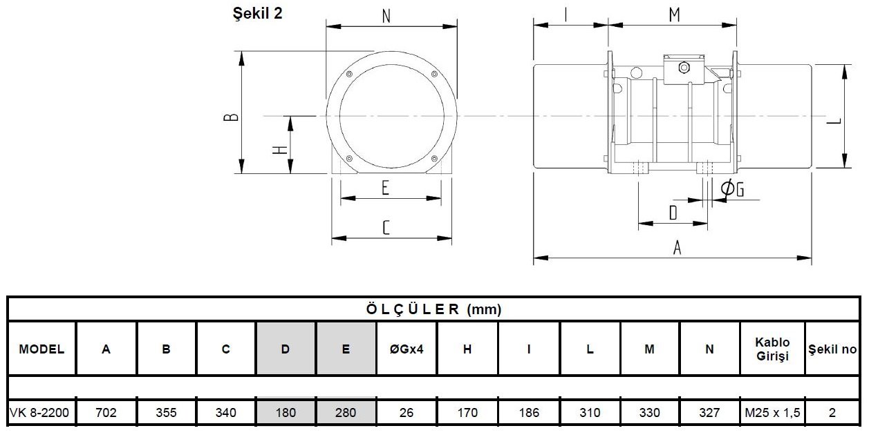 Miksan VK 8-2200 vibrasyon motoru ölçüleri