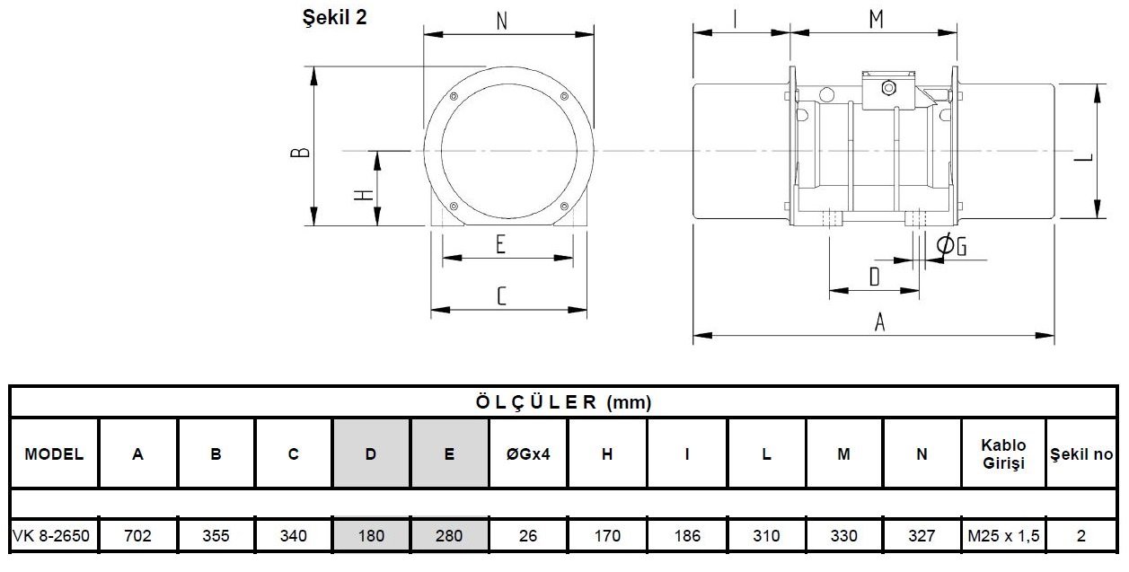 Miksan VK 8-2650 vibrasyon motoru ölçüleri