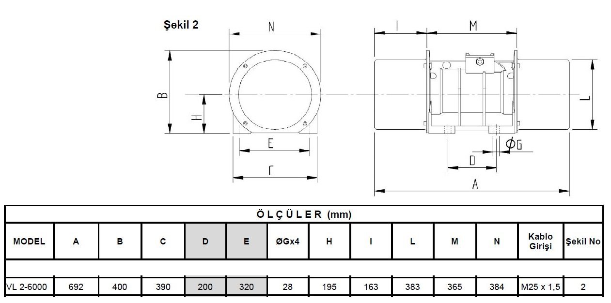 Miksan VL 2-6000 vibrasyon motoru ölçüleri