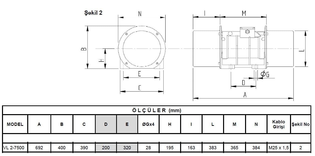Miksan VL 2-7500 vibrasyon motoru ölçüleri
