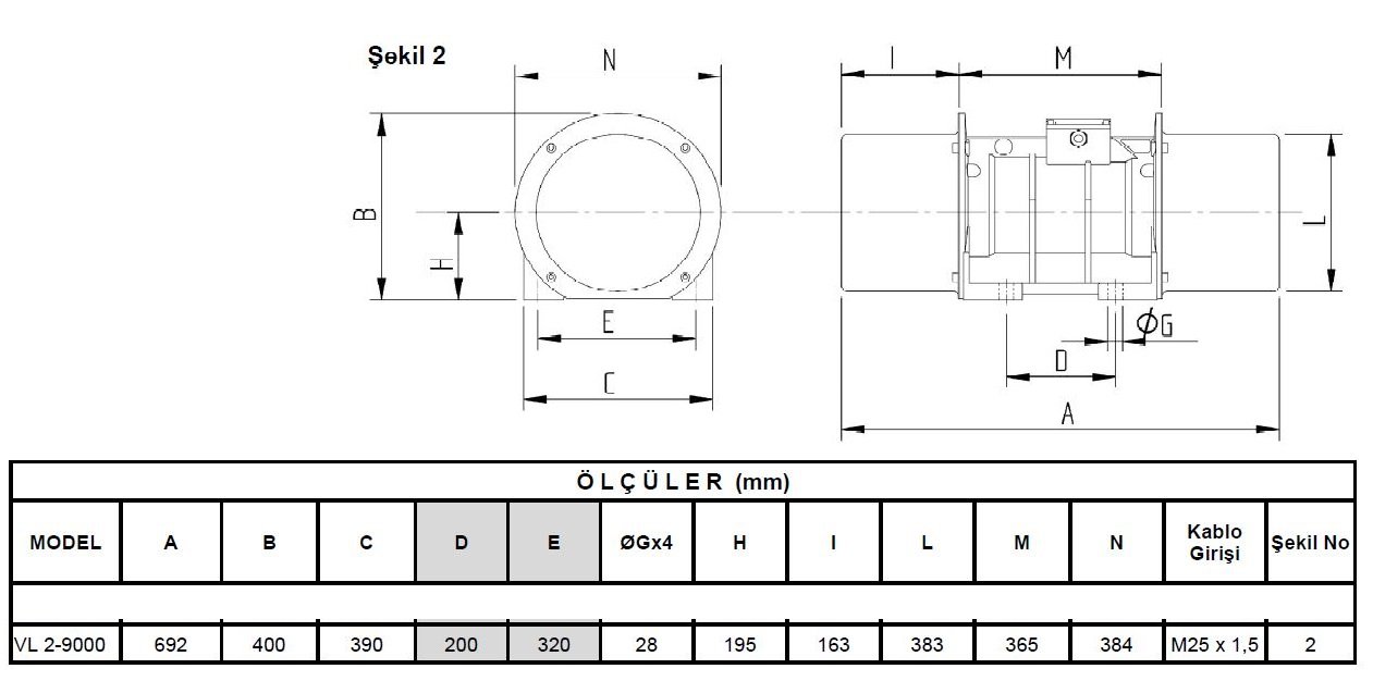 Miksan VL 2-9000 vibrasyon motoru ölçüleri