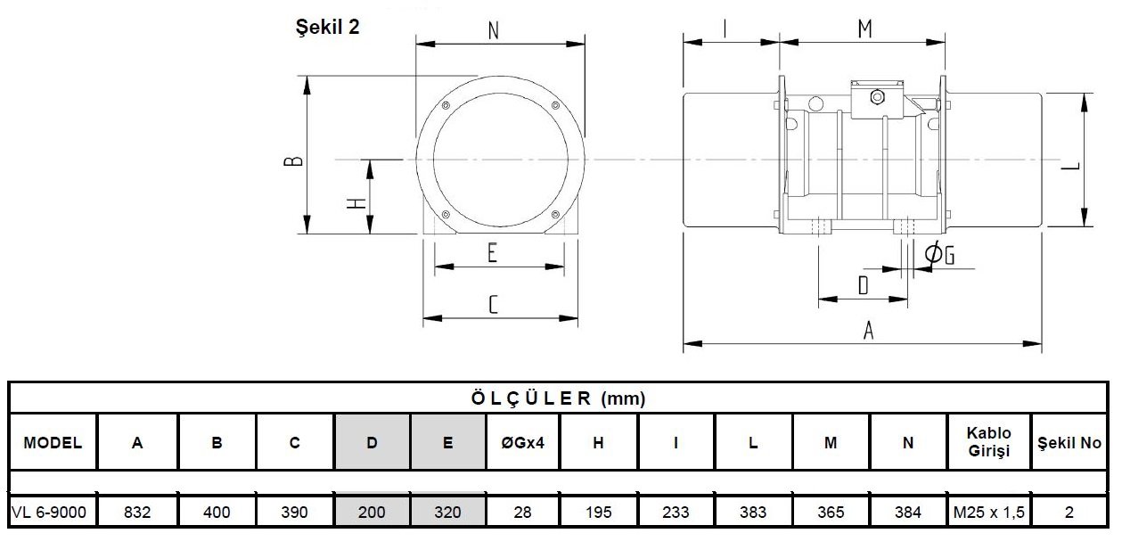 Miksan VL 6-9000 vibrasyon motoru ölçüleri