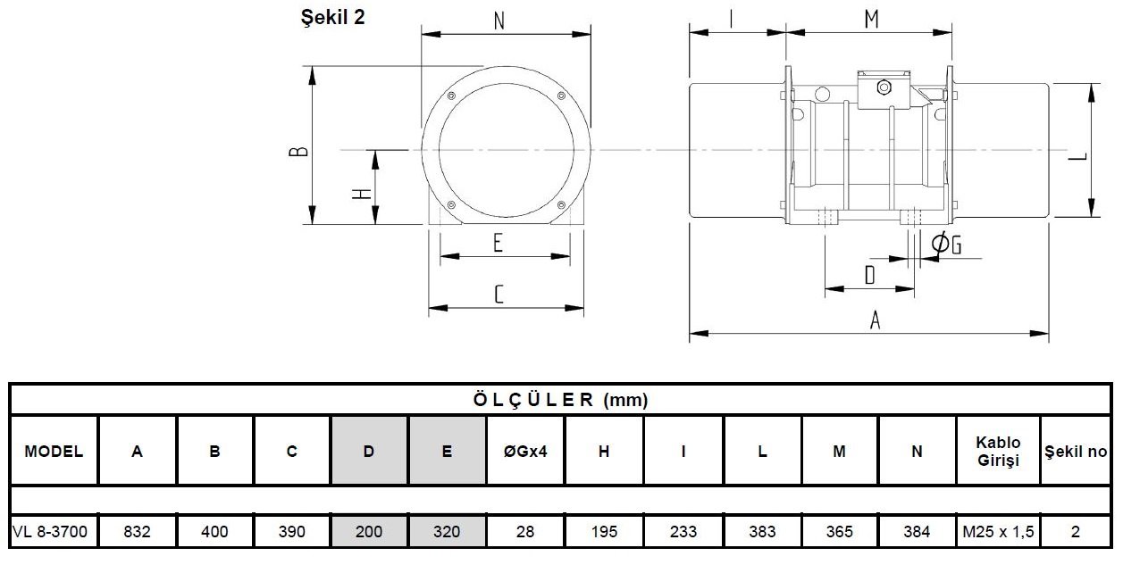 Miksan VL 8-3700 vibrasyon motoru ölçüleri
