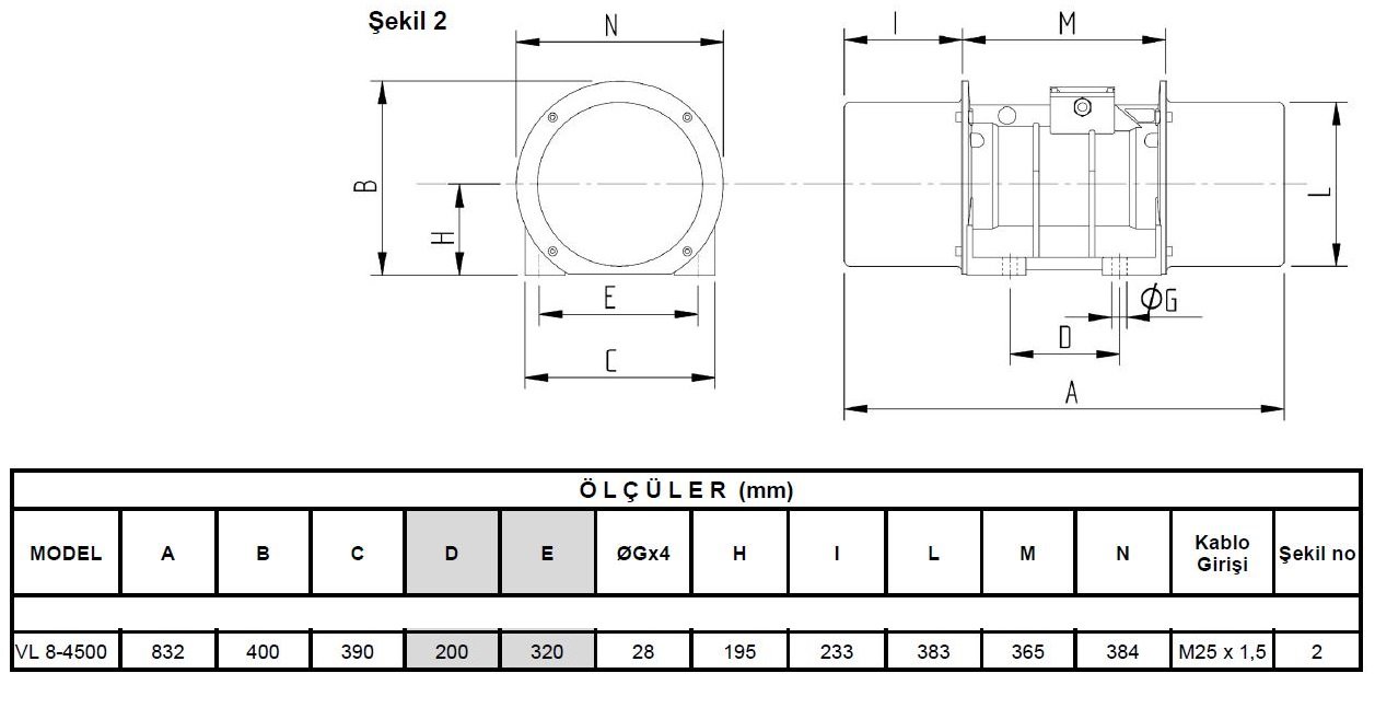 Miksan VL 8-4500 vibrasyon motoru ölçüleri