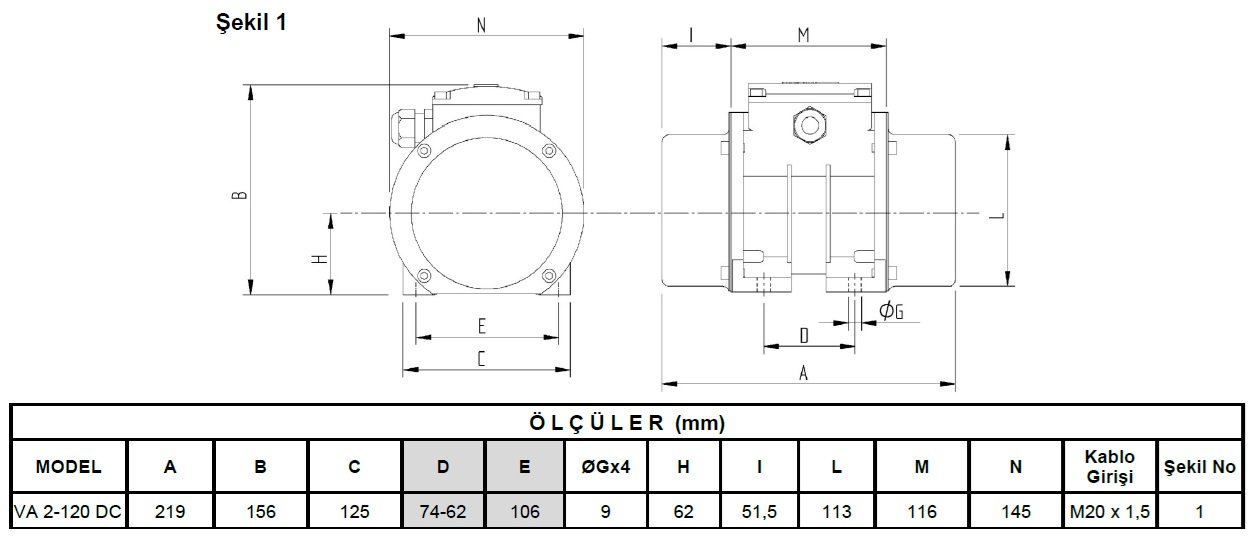 Miksan VA 2-120 DC vibrasyon motoru ölçüleri