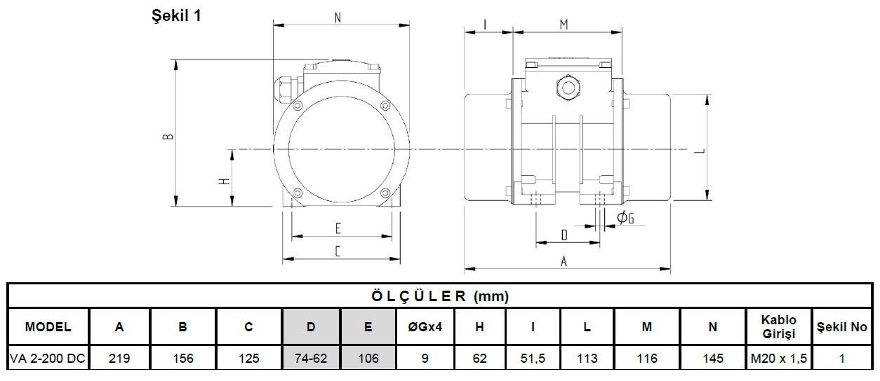 Miksan VA 2-200 DC vibrasyon motoru ölçüleri