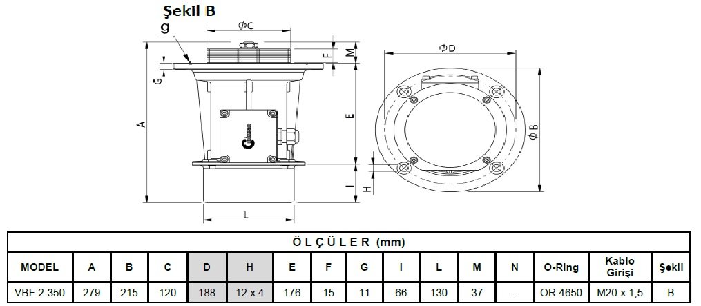 Miksan VBF 2-350 flanşlı vibrasyon motoru ölçüleri