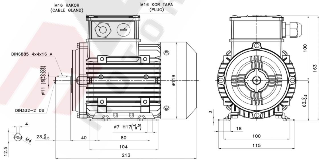 ELK 0.25 kw 3000 devir 2EL063M2B Elektrik Motoru Ölçüleri