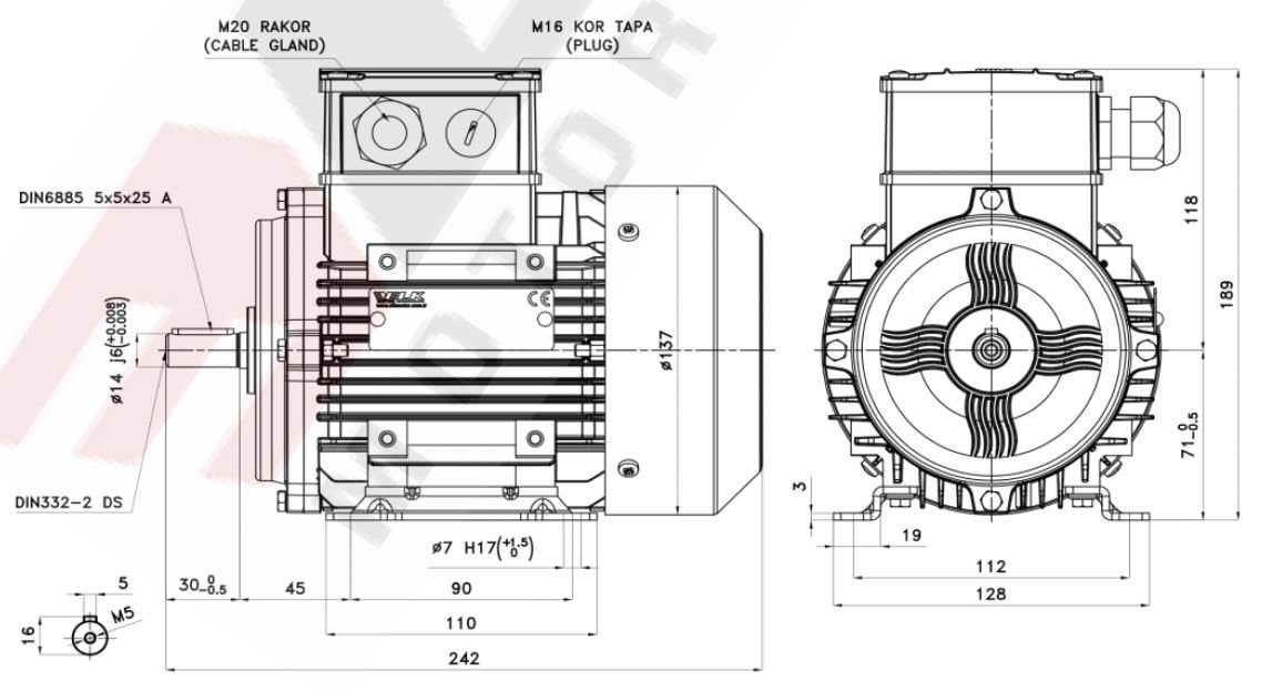 ELK 0.18 kw 1000 devir 2EL071M6B Elektrik Motoru Ölçüleri