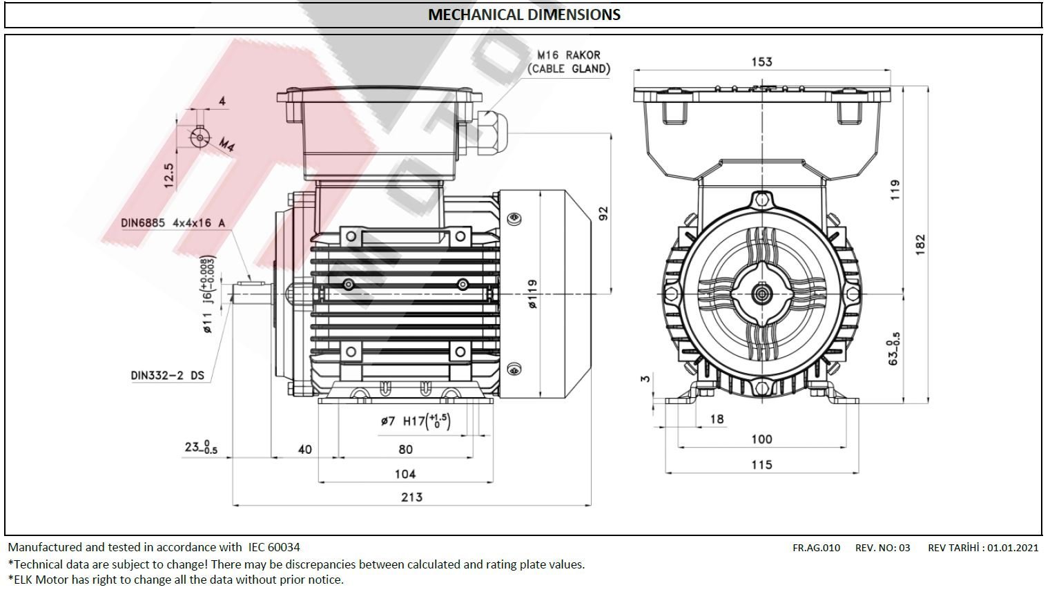 ELK 0.18 kw 3000 devir 2MS063M2A Monofaze Elektrik Motoru Ölçüleri