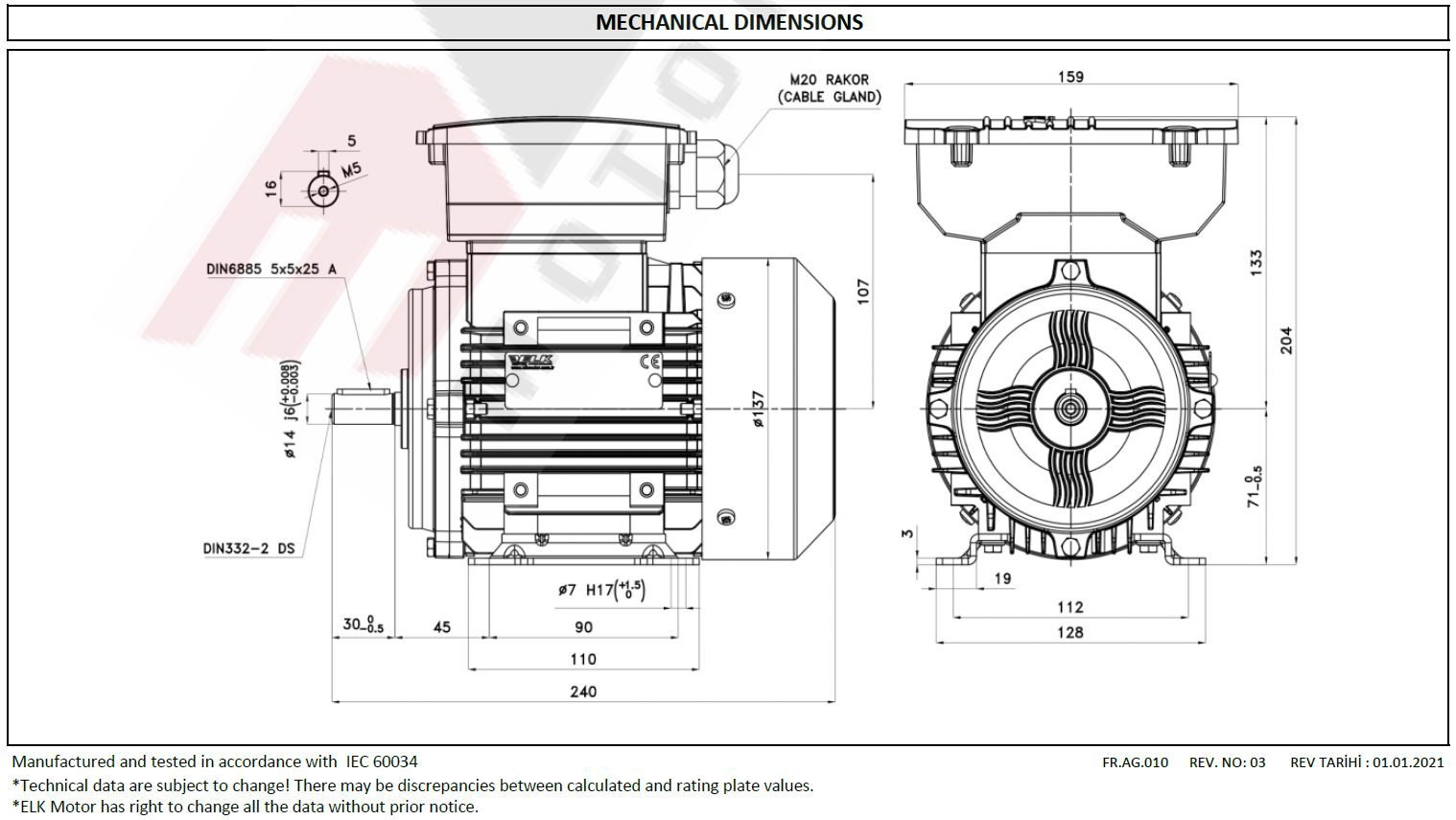 ELK 0.25 kw 1500 devir 2MS071M4C Monofaze Elektrik Motoru Ölçüleri