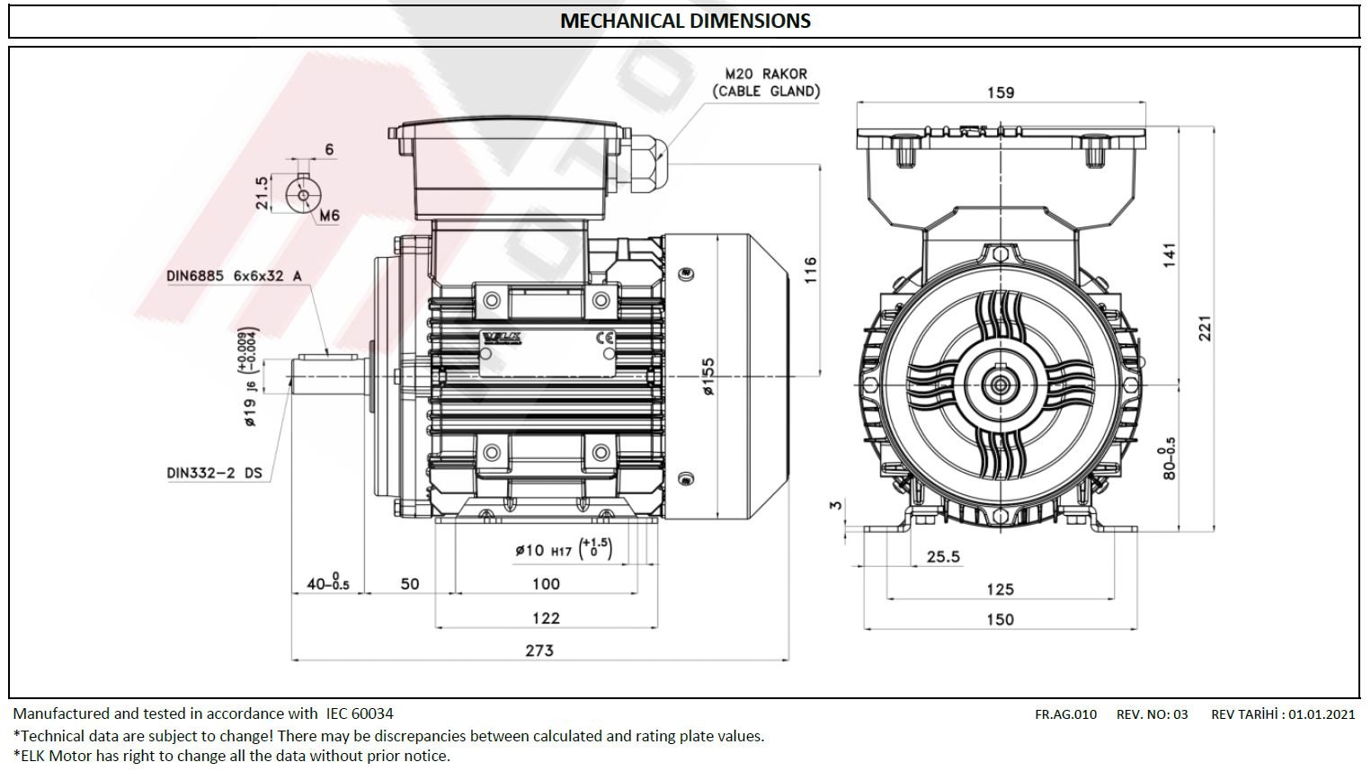 ELK 0.75 kw 1500 devir 2MS080M4D Monofaze Elektrik Motoru Ölçüleri