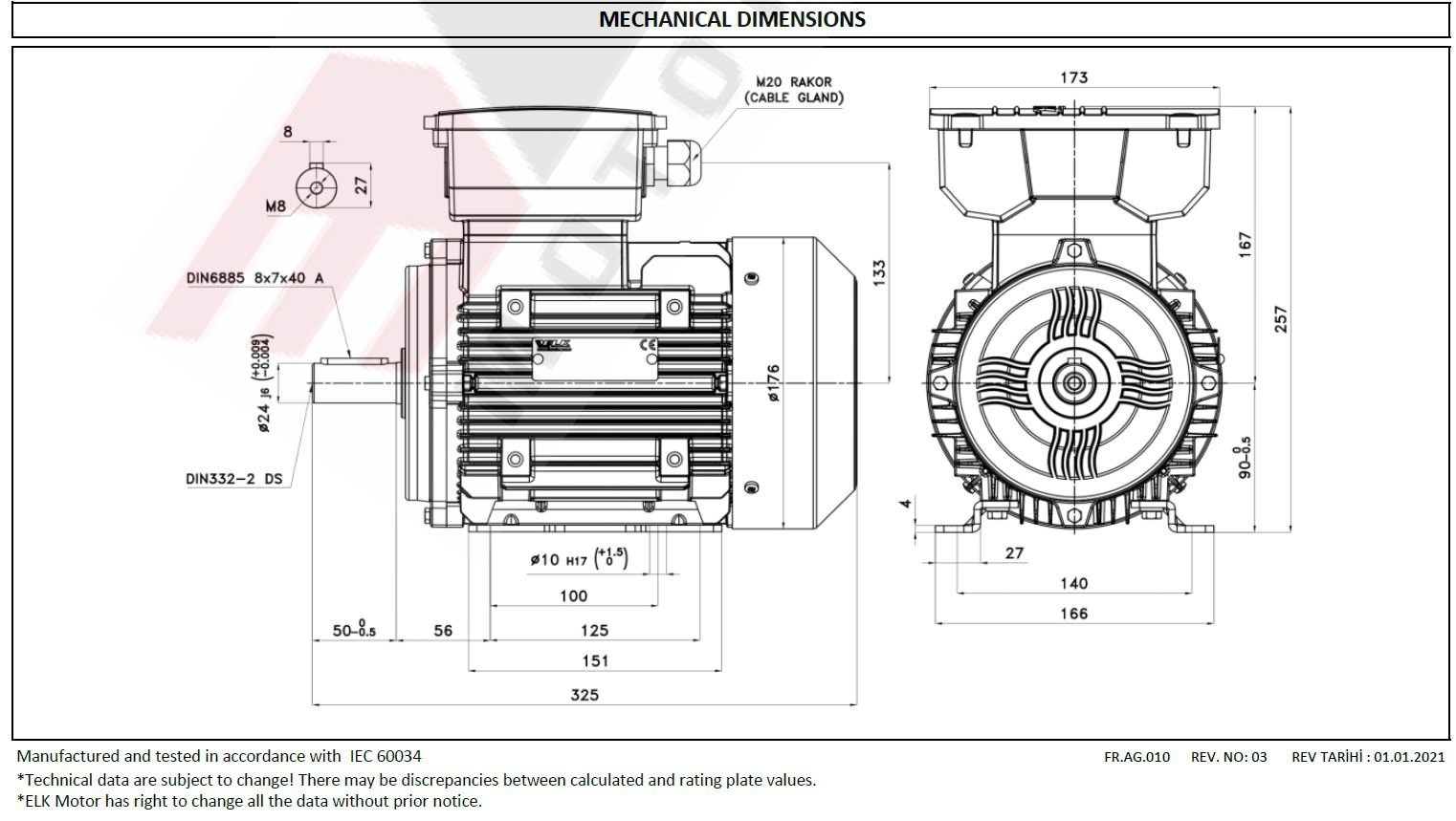ELK 1.1 kw 1500 devir 2MS090S4D Monofaze Elektrik Motoru Ölçüleri