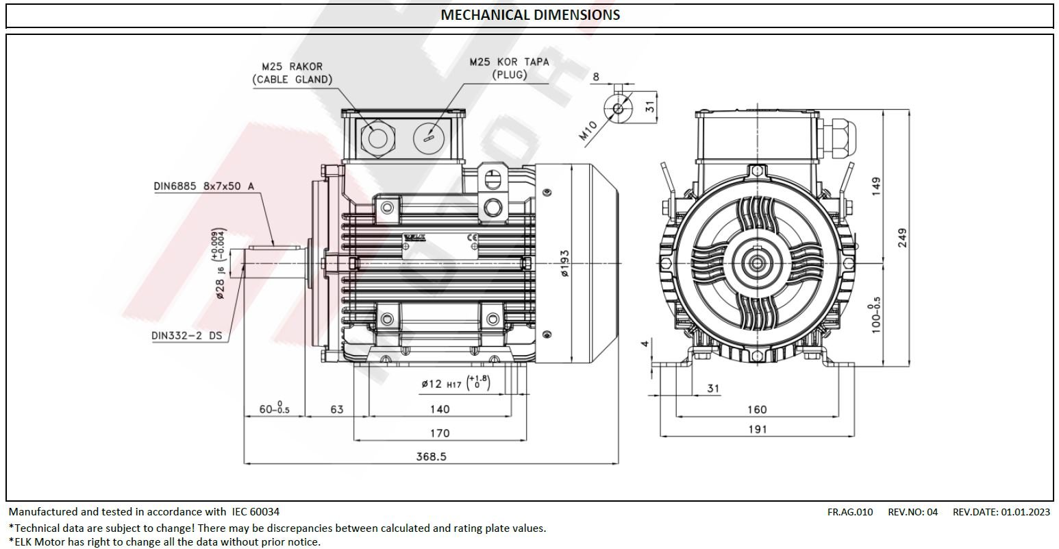 ELK 2.2 kw 1500 devir 3EL100L4C Elektrik Motoru Ölçüleri