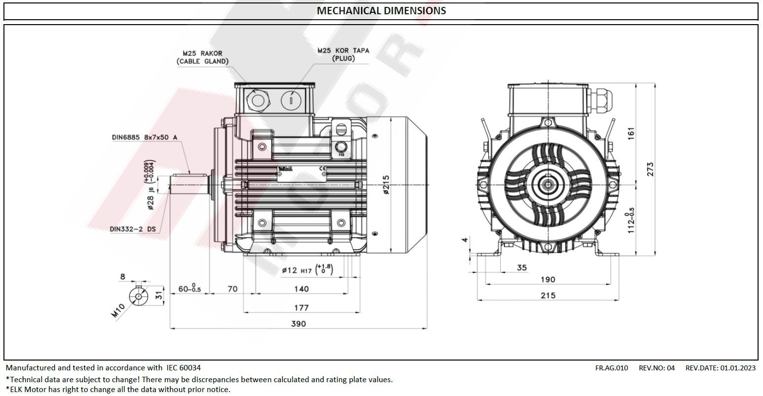 ELK 4 kw 3000 devir 3EL0112M2C Elektrik Motoru Ölçüleri