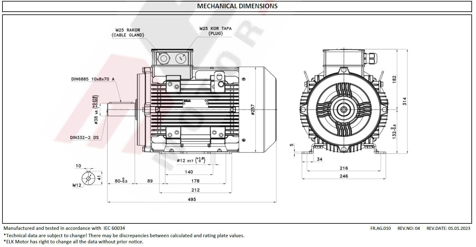 ELK 7.5 kw 3000 devir 3EL132S2C Elektrik Motoru Ölçüleri
