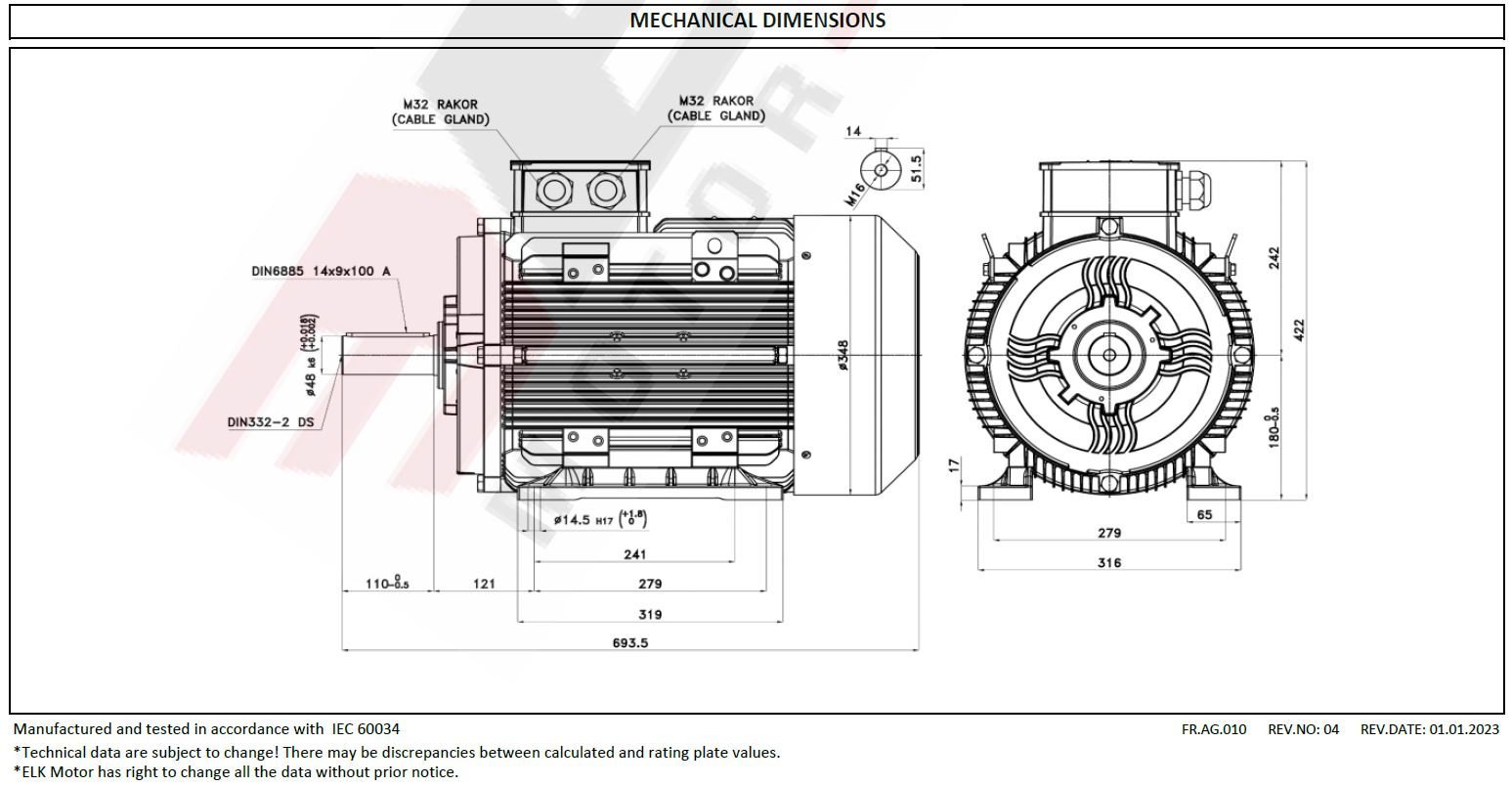 ELK 22 kw 3000 devir 3EL180M2B Elektrik Motoru Ölçüleri