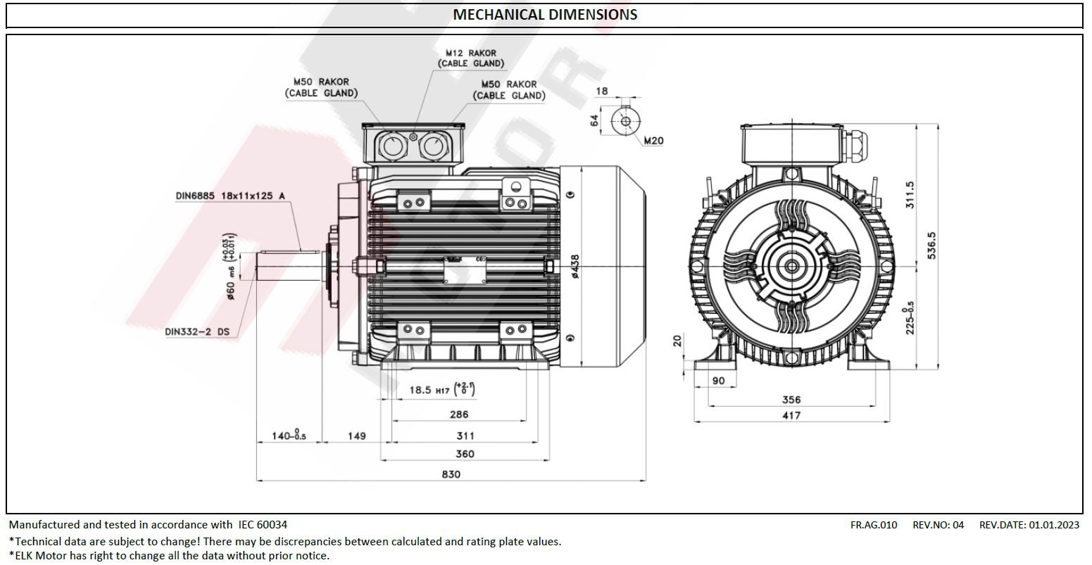 ELK 45 kw 1500 devir 3EL225M4D Elektrik Motoru Ölçüleri
