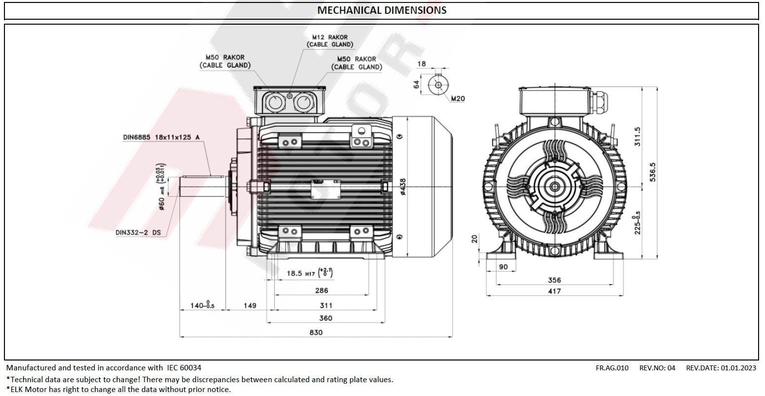 ELK 30 kw 1000 devir 3EL225S6C Elektrik Motoru Ölçüleri