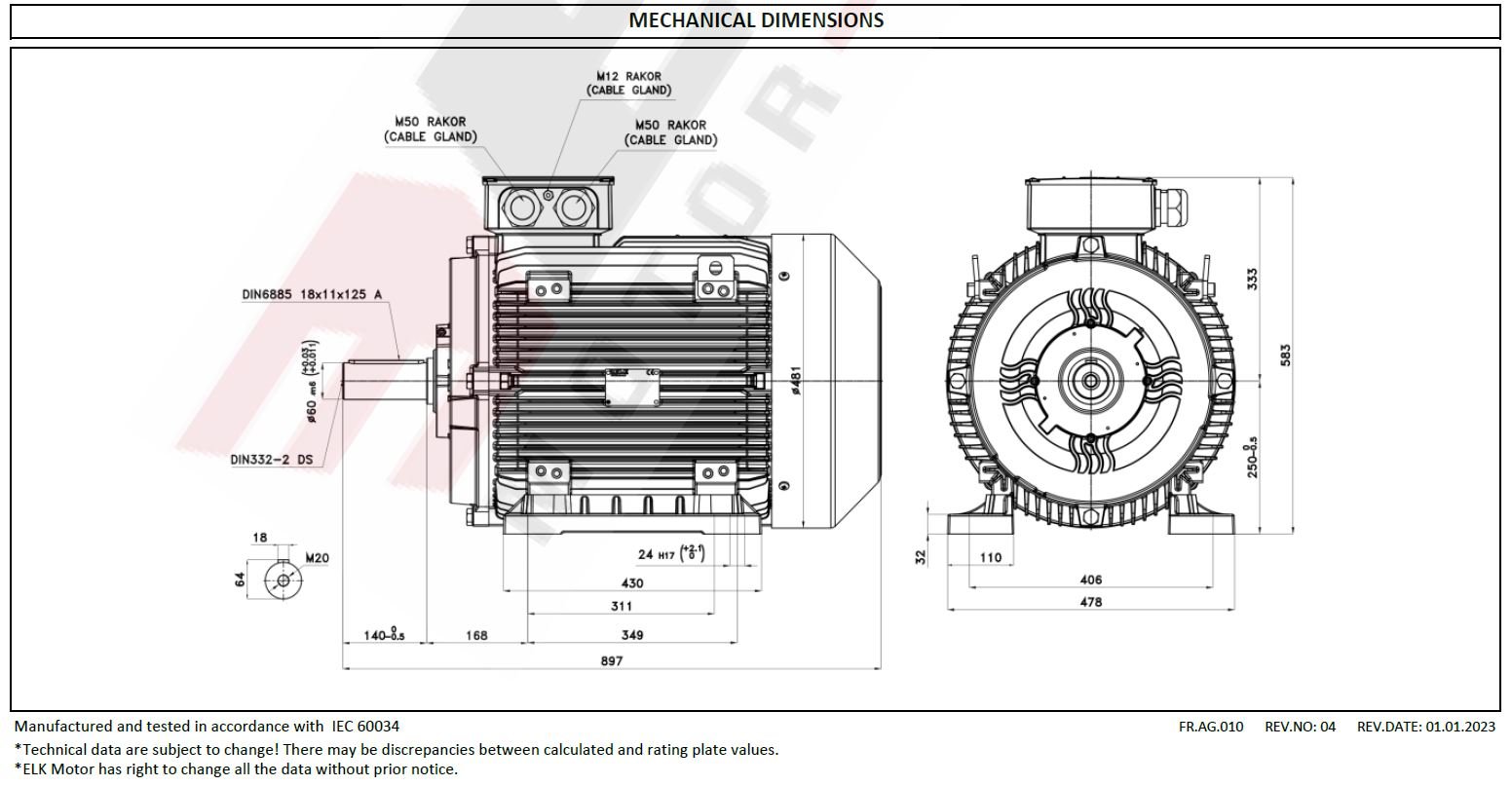 ELK 55 kw 3000 devir 3EL250M2C Elektrik Motoru Ölçüleri