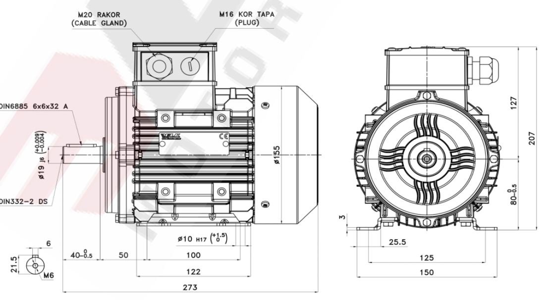 ELK 0.75 kw 3000 devir 3EL080M2B Elektrik Motoru Ölçüleri