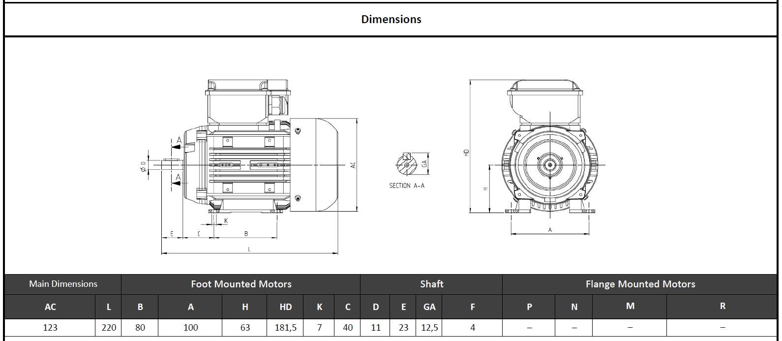 Wat 0.18 kw 1500 devir Q2M63M4B Elektrik Motoru Ölçüleri