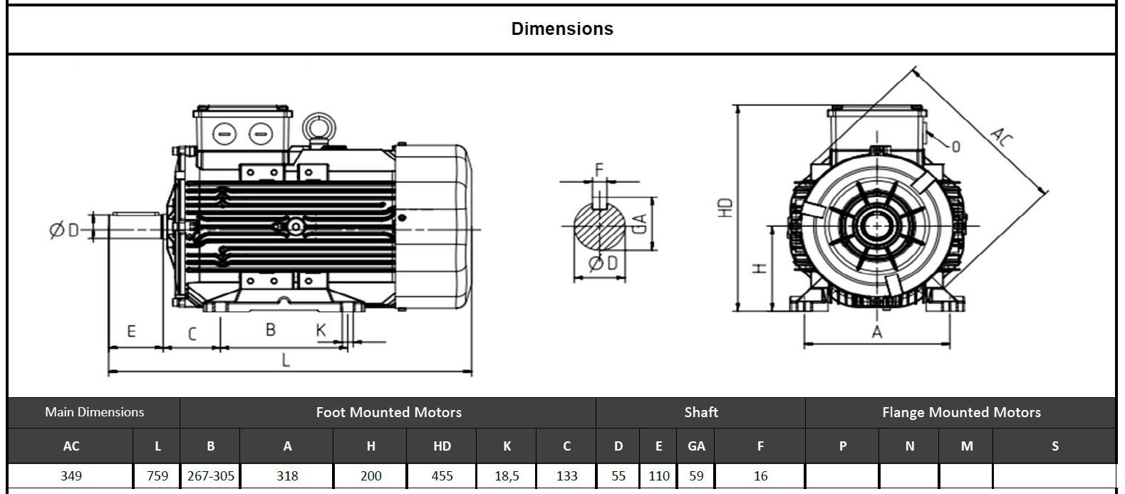 Wat 22 kw 1000 devir Q3H200L6D Elektrik Motoru Ölçüleri