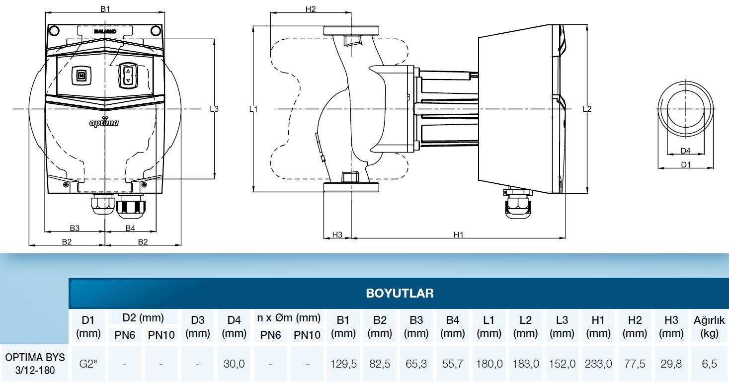 Alarko OPTIMA 3/12 sirkülasyon pompa boyutları