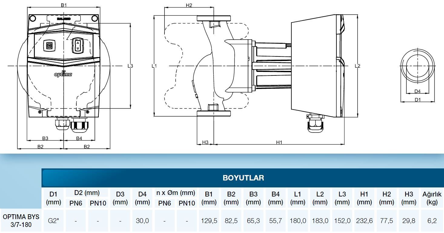 Alarko OPTIMA 3/7 sirkülasyon pompa boyutları