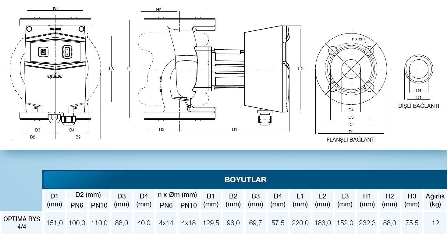 Alarko OPTIMA 4/4 sirkülasyon pompa boyutları