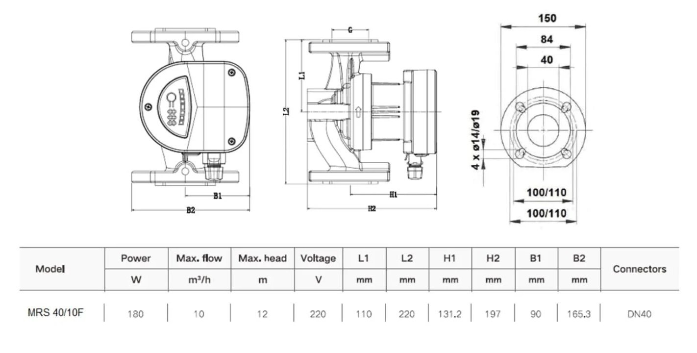 Mars MRS 40/10-F Sirkülasyon Pompa Ölçüleri