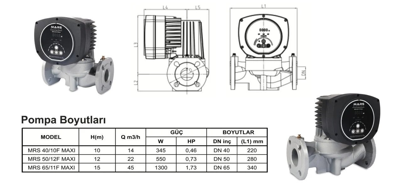 Mars MRS 50/12-Maxi Sirkülasyon Pompa Ölçüleri
