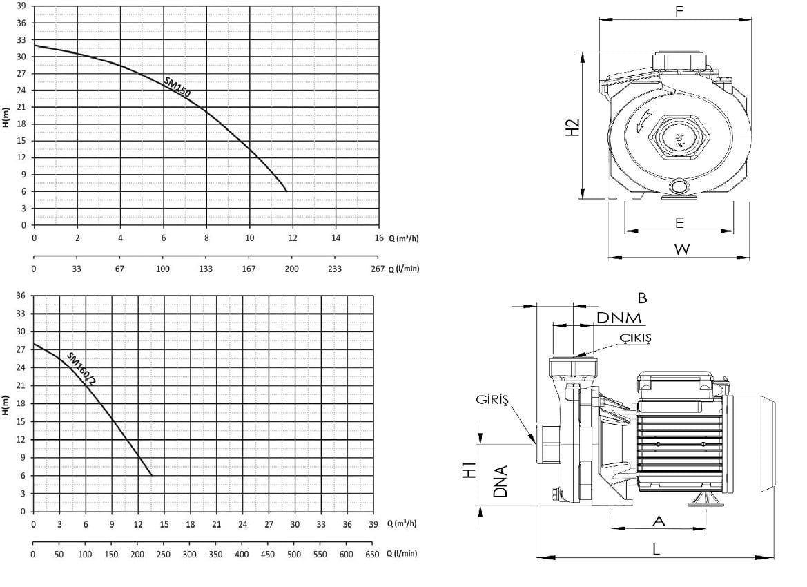 Sumak SM160/2-P Santrifüj su pompası ölçüleri ve basma eğrisi