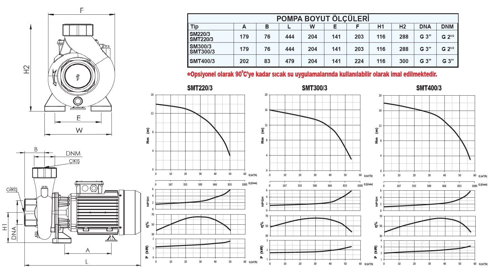 Sumak SMT400/3 sıcak su pompası ölçüleri ve basma eğrisi