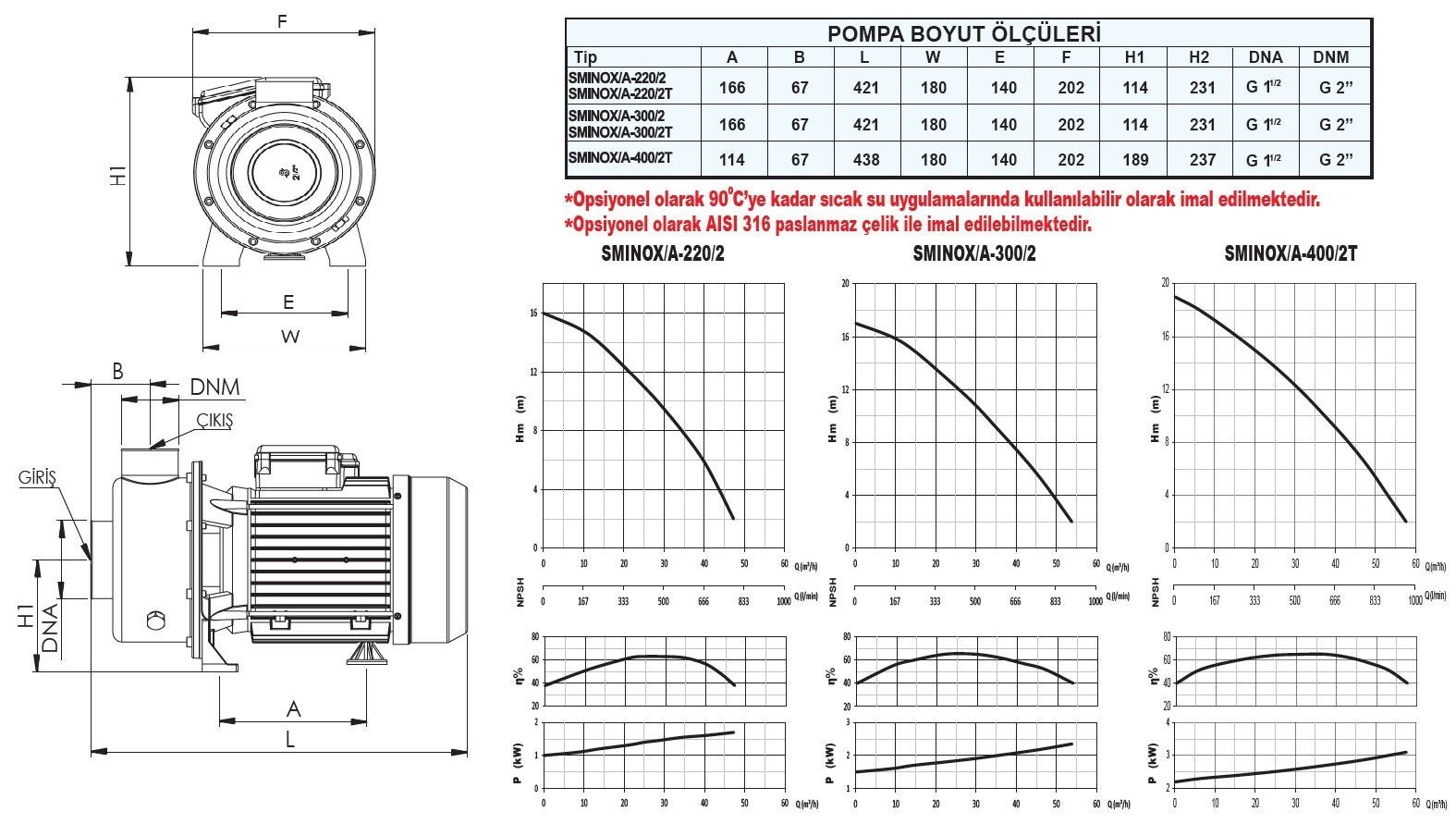 Sumak SMINOX/A-300/2-S Paslanmaz Sıcak Su Pompası Ölçüleri ve Basma Eğrisi