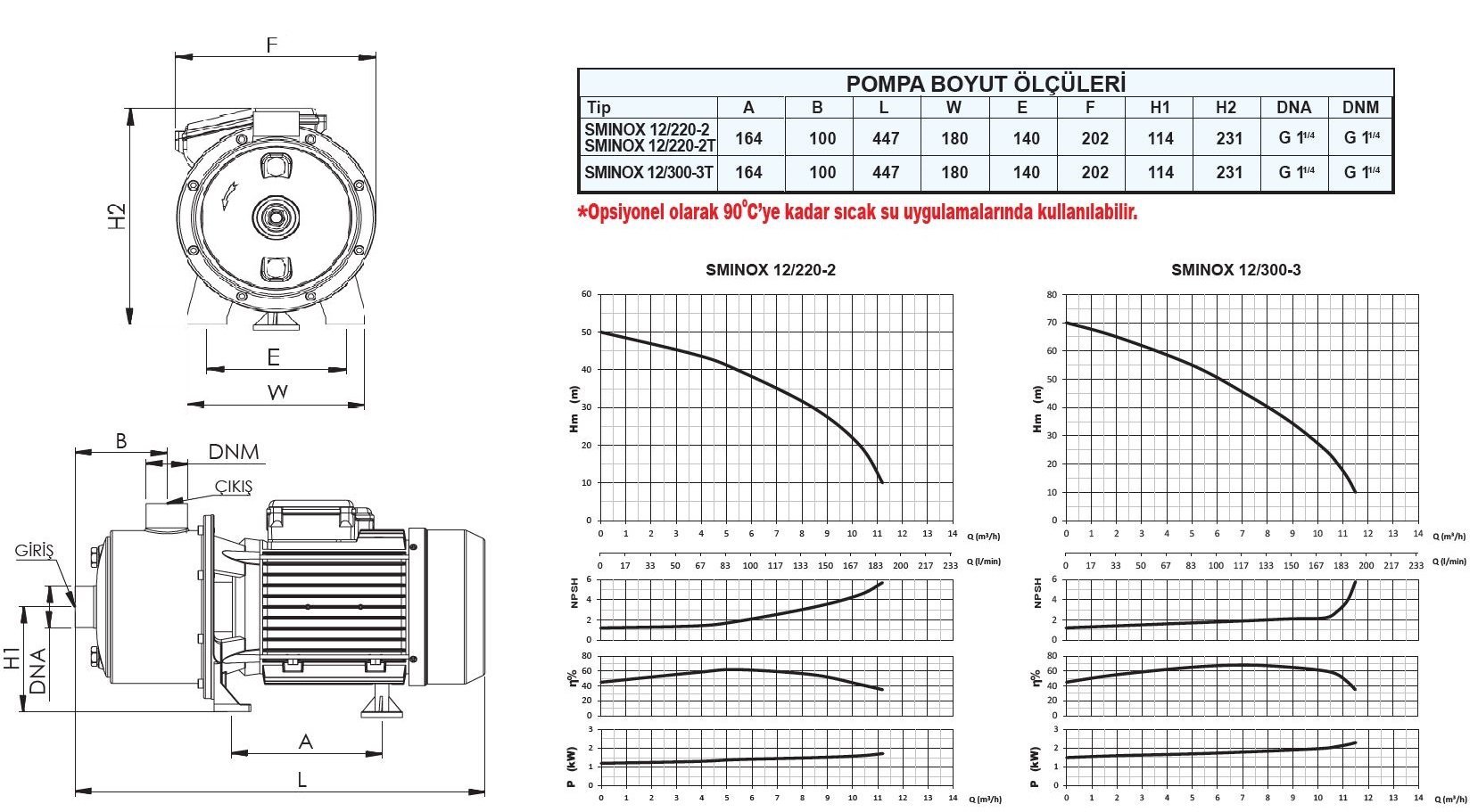 Sumak SMINOX12/220-2 Paslanmaz Kademeli Pompa Ölçüleri ve Basma Eğrisi