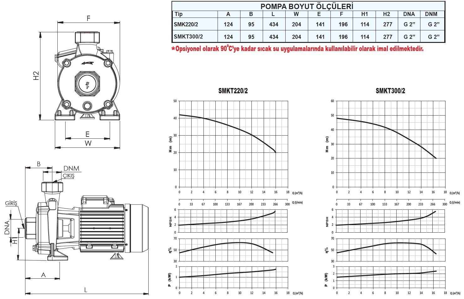 Sumak SMK220/2-S kademeli sıcak su pompası ölçüleri ve basma eğrisi