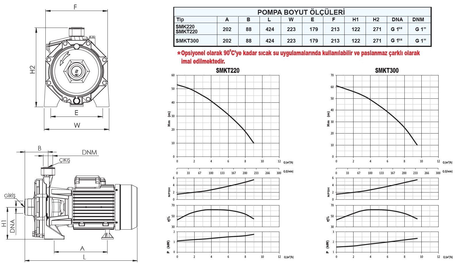 Sumak SMKT300-S kademeli sıcak su pompası ölçüleri ve basma eğrisi