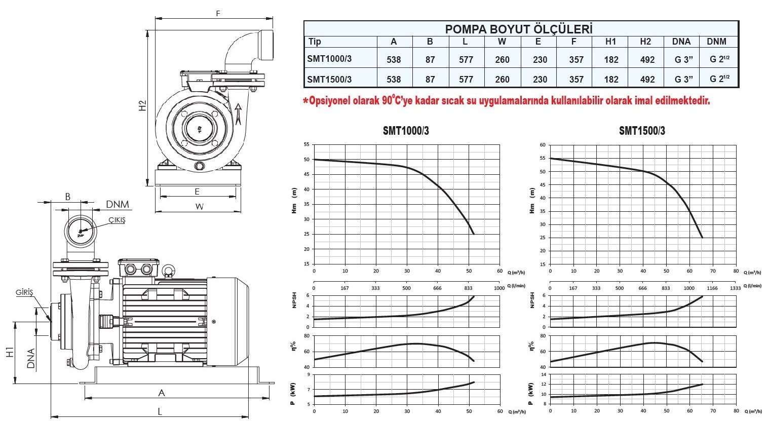Sumak SMT1000/3 sıcak su pompası ölçüleri ve basma eğrisi