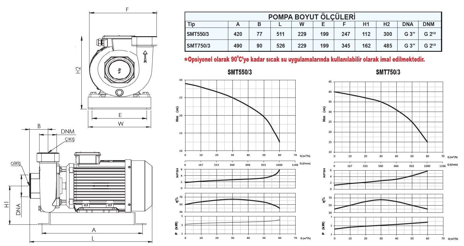Sumak SMT750/3 sıcak su pompası ölçüleri ve basma eğrisi