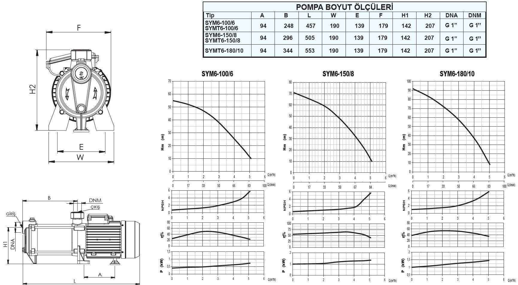 Sumak SYM6-150/8 yatay milli kademeli hidrofor pompası boyutları ve basma eğrisi