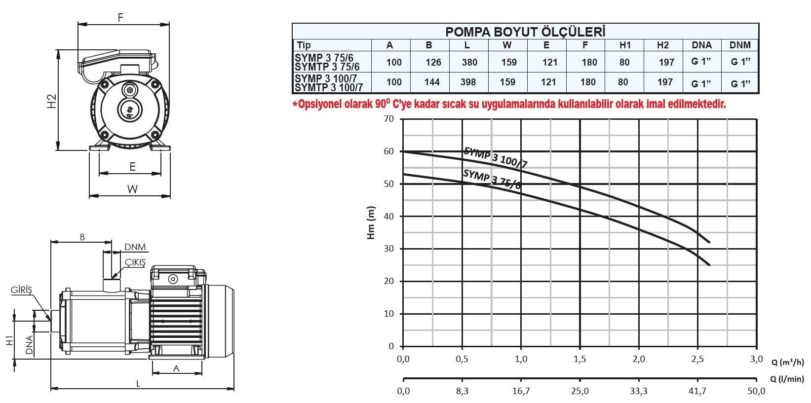 Sumak SYMP 3 100/7 yatay milli paslanmaz kademeli pompası ölçüleri ve basma eğrisi