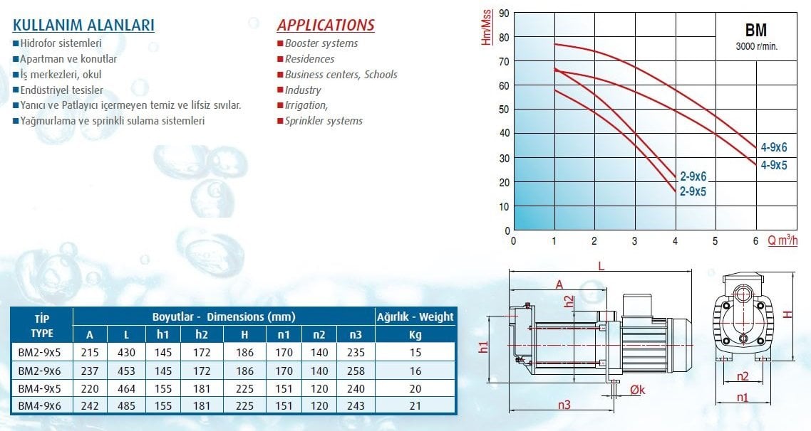 Varan BM4-9X5 Kademeli Hidrofor Pompası Ölçüleri ve Basınç Eğrisi