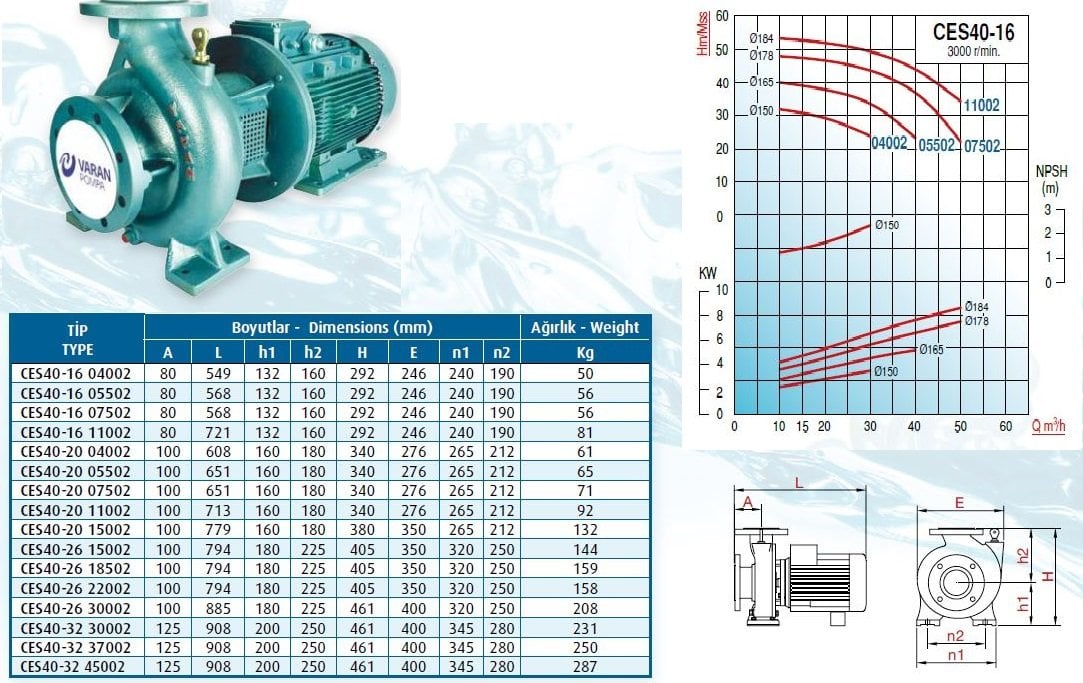 Varan CES-40-16-05502 Salyangoz Pompa Ölçüleri ve Basınç Eğrisi