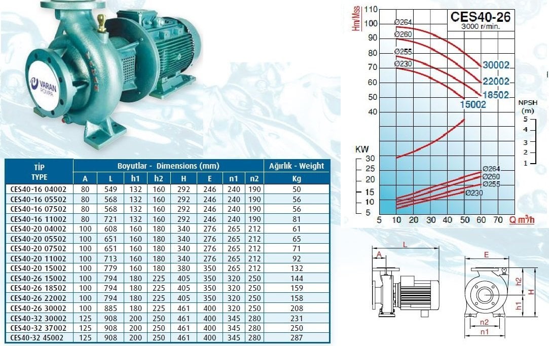Varan CES-40-26-22002 Salyangoz Pompa Ölçüleri ve Basınç Eğrisi