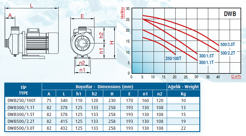 Varan DWB-500/2.2T Paslanmaz Pompa Ölçüleri ve Basınç Eğrisi