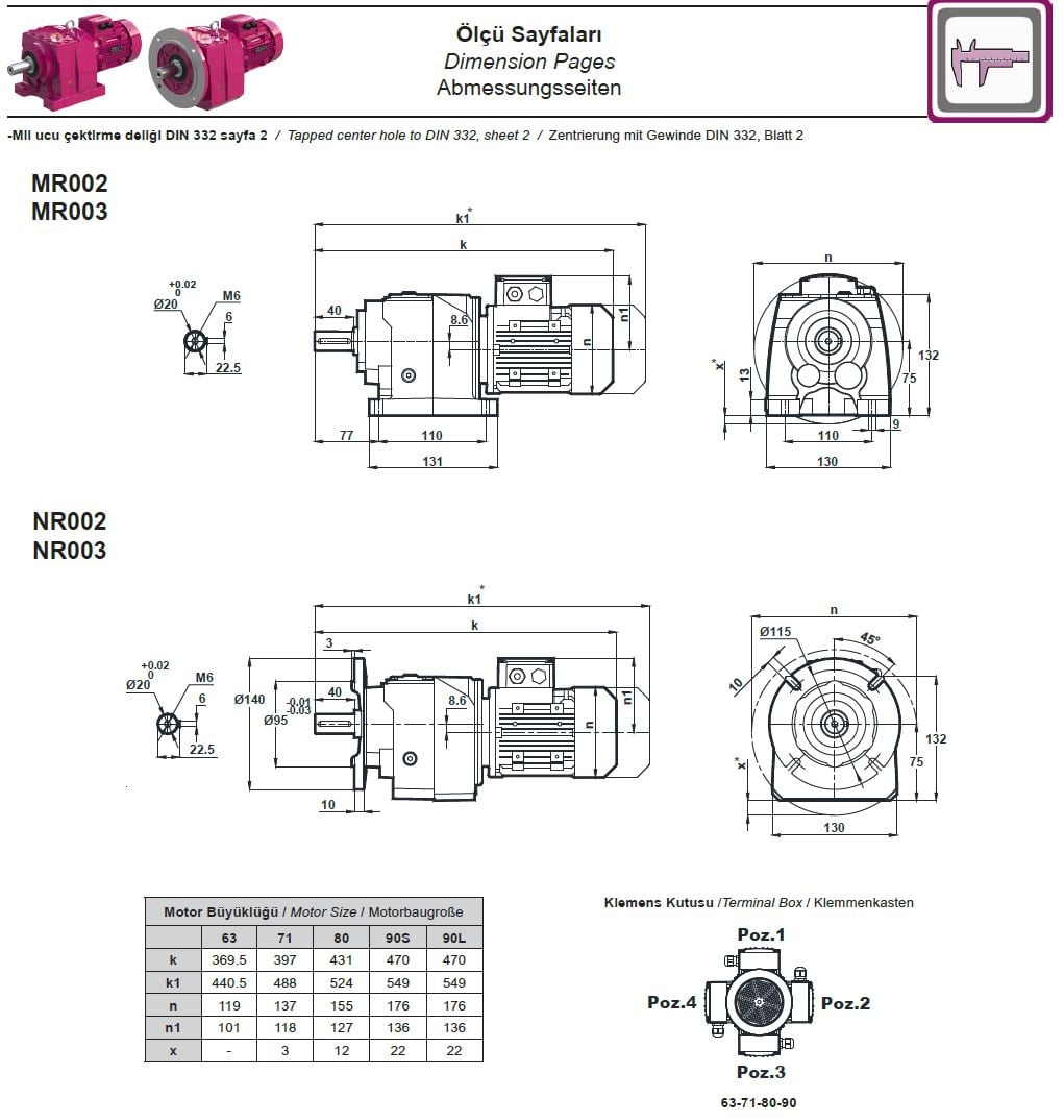 Yılmaz MR002-63M4B 0,12 kw 123-377 Devir Redüktör Ölçüleri